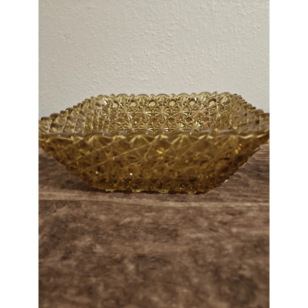 vintage amber glass daisy and button Square Bowl‎ 8'